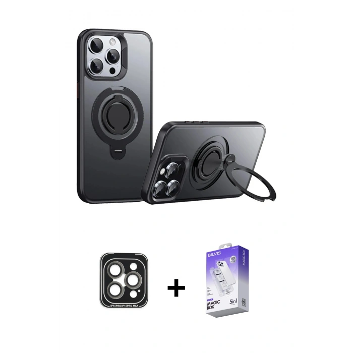 MARSİLYAN™- iPhone 15 Pro Max Kılıf Zirve Çizgi Prime - Siyah Bilvis 5in1 3D Magic Cam Ekran Koruyucu + PVD Metal Kamera Lens - GI