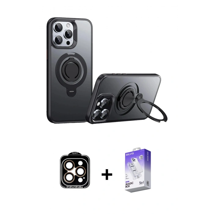 MARSİLYAN™- iPhone 15 Pro Max Kılıf Zirve Çizgi Prime - Siyah Bilvis 5in1 3D Magic Cam Ekran Koruyucu + PVD Metal Kamera Lens - TU