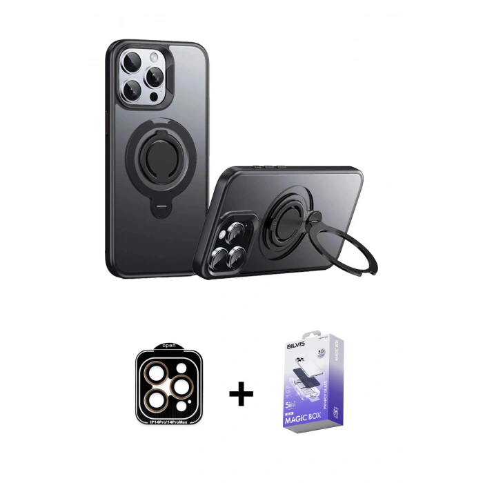 MARSİLYAN™- iPhone 15 Pro Max Kılıf Zirve Çizgi Prime - Siyah Bilvis 5in1 5D Magic Hayalet Cam Ekran Koruyucu + PVD Metal Kamera Lens - TU