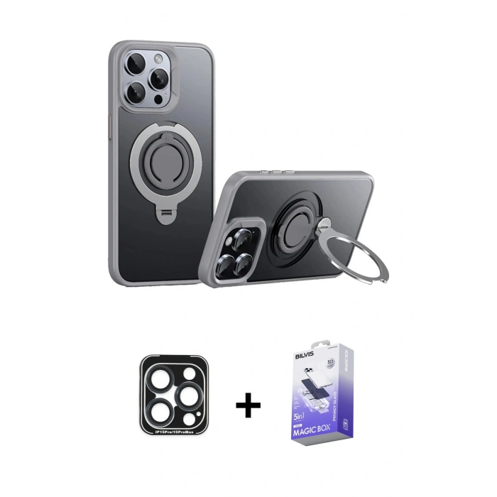 MARSİLYAN™- iPhone 15 Pro Max Kılıf Zirve Çizgi Prime - Siyah Bilvis 5in1 5D Magic Hayalet Cam Ekran Koruyucu + PVD Metal Kamera Lens - LT