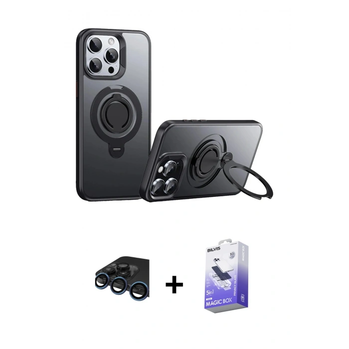 MARSİLYAN™- iPhone 15 Pro Max Kılıf Zirve Çizgi Prime - Siyah Bilvis 5in1 5D Magic Hayalet Cam Ekran Koruyucu + Raze Metal Kamera Lens - LT
