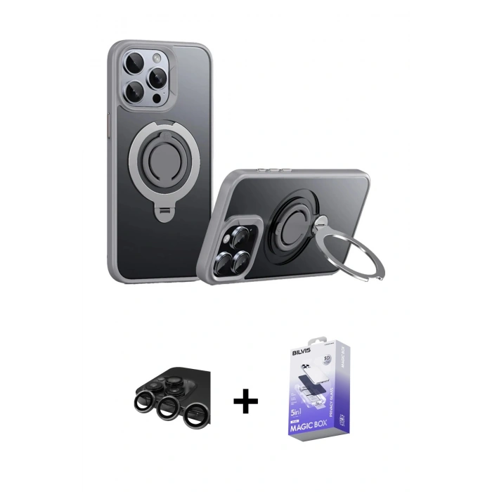 MARSİLYAN™- iPhone 15 Pro Max Kılıf Zirve Çizgi Prime - Siyah Bilvis 5in1 5D Magic Hayalet Cam Ekran Koruyucu + Titanyum Gri Raze Metal Kamera Lens