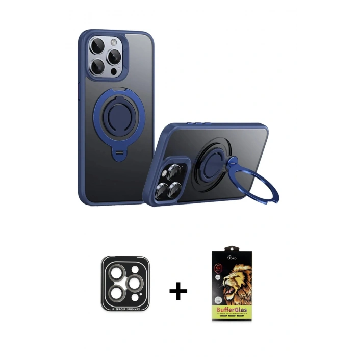 MARSİLYAN™- iPhone 15 Pro Max Kılıf Zirve Çizgi Prime - Siyah Buffer Cam Ekran Koruyucu + PVD Metal Kamera Lens - GI