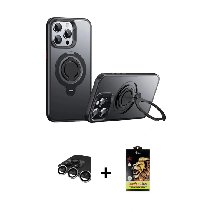 MARSİLYAN™- iPhone 15 Pro Max Kılıf Zirve Çizgi Prime - Siyah Buffer Cam Ekran Koruyucu + Raze Metal Kamera Lens - GS
