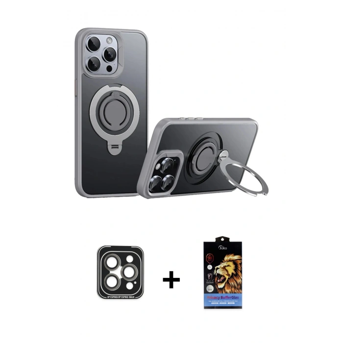 MARSİLYAN™- iPhone 15 Pro Max Kılıf Zirve Çizgi Prime - Siyah Buffer Hayalet Cam Ekran Koruyucu + PVD Metal Kamera Lens - GI