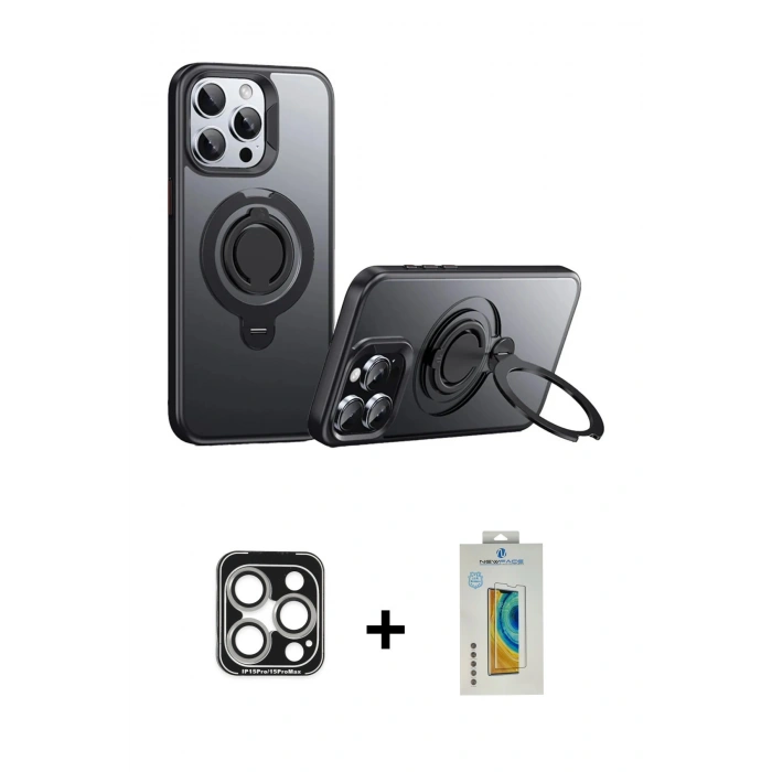 MARSİLYAN™- iPhone 15 Pro Max Kılıf Zirve Çizgi Prime - Siyah Polymer Nano Ekran Koruyucu + Gümüş PVD Metal Kamera Lens