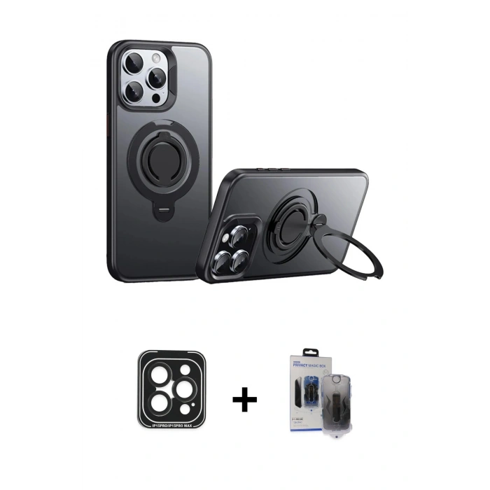 MARSİLYAN™- iPhone 15 Pro Max Kılıf Zirve Çizgi Prime - Siyah Vanessa Magic Hayalet Cam + PVD Metal Kamera Lens - SH