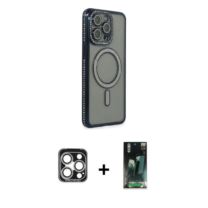 MARSİLYAN™- iPhone 15 Pro Max Kılıf Zirve Doku Prime - Şeffaf 360 Full Body Arka Koruyucu + PVD Metal Kamera Lens - GS