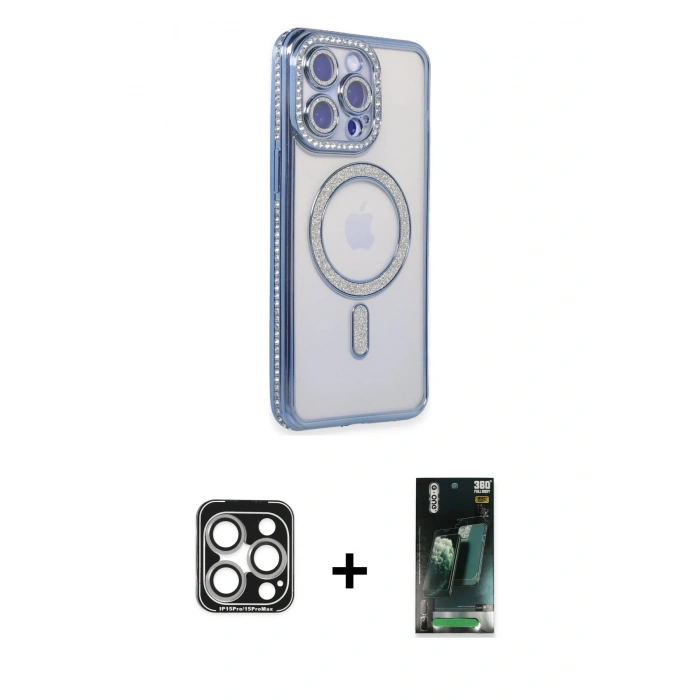 MARSİLYAN™- iPhone 15 Pro Max Kılıf Zirve Doku Prime - Şeffaf 360 Full Body Arka Koruyucu + PVD Metal Kamera Lens - GS