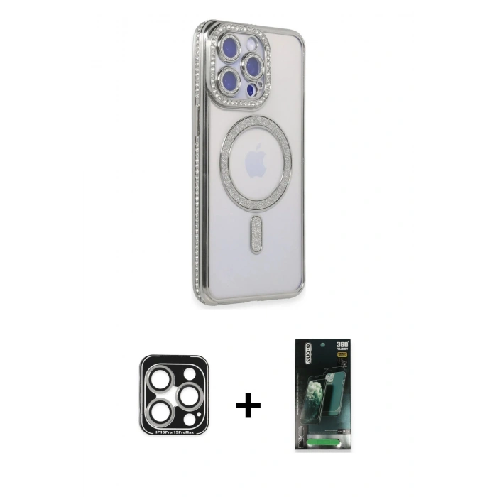MARSİLYAN™- iPhone 15 Pro Max Kılıf Zirve Doku Prime - Şeffaf 360 Full Body Arka Koruyucu + PVD Metal Kamera Lens - GS