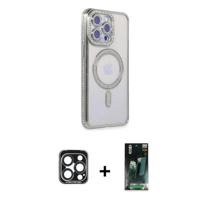 MARSİLYAN™- iPhone 15 Pro Max Kılıf Zirve Doku Prime - Şeffaf 360 Full Body Arka Koruyucu + PVD Metal Kamera Lens - LT