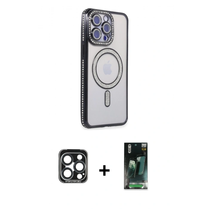 MARSİLYAN™- iPhone 15 Pro Max Kılıf Zirve Doku Prime - Şeffaf 360 Full Body Arka Koruyucu + PVD Metal Kamera Lens - LT