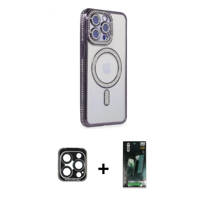 MARSİLYAN™- iPhone 15 Pro Max Kılıf Zirve Doku Prime - Şeffaf 360 Full Body Arka Koruyucu + PVD Metal Kamera Lens - LT