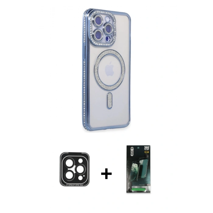 MARSİLYAN™- iPhone 15 Pro Max Kılıf Zirve Doku Prime - Şeffaf 360 Full Body Arka Koruyucu + PVD Metal Kamera Lens - SH