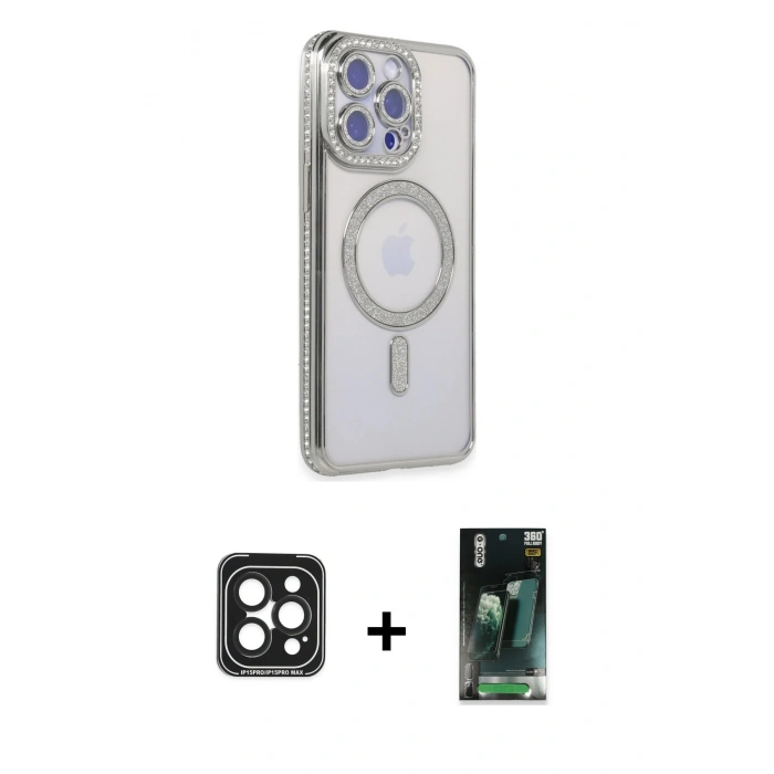 MARSİLYAN™- iPhone 15 Pro Max Kılıf Zirve Doku Prime - Şeffaf 360 Full Body Arka Koruyucu + PVD Metal Kamera Lens - SH