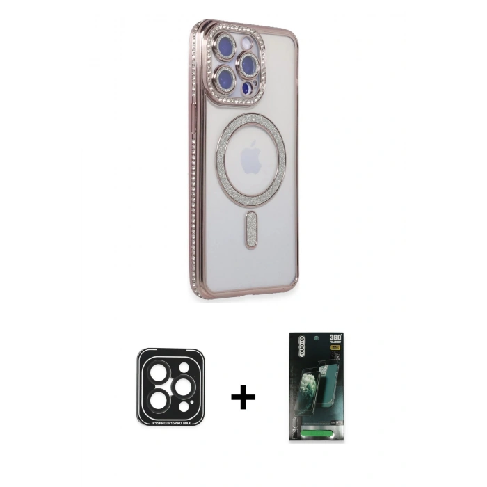 MARSİLYAN™- iPhone 15 Pro Max Kılıf Zirve Doku Prime - Şeffaf 360 Full Body Arka Koruyucu + PVD Metal Kamera Lens - SH