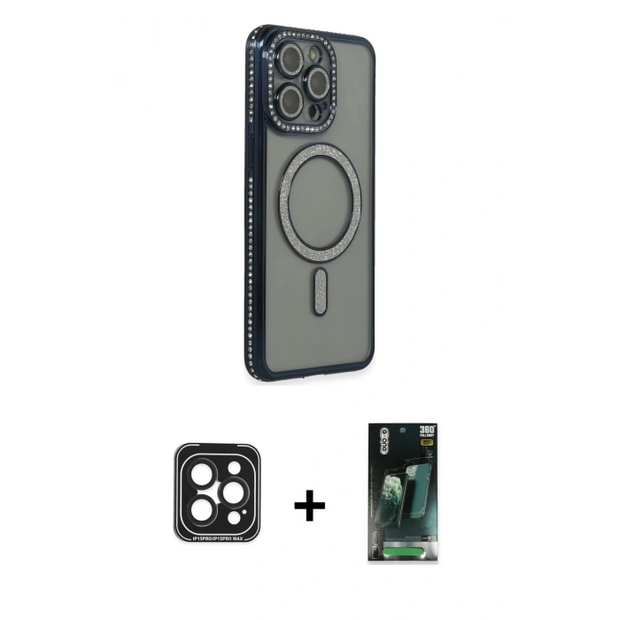 MARSİLYAN™- iPhone 15 Pro Max Kılıf Zirve Doku Prime - Şeffaf 360 Full Body Arka Koruyucu + PVD Metal Kamera Lens - SH