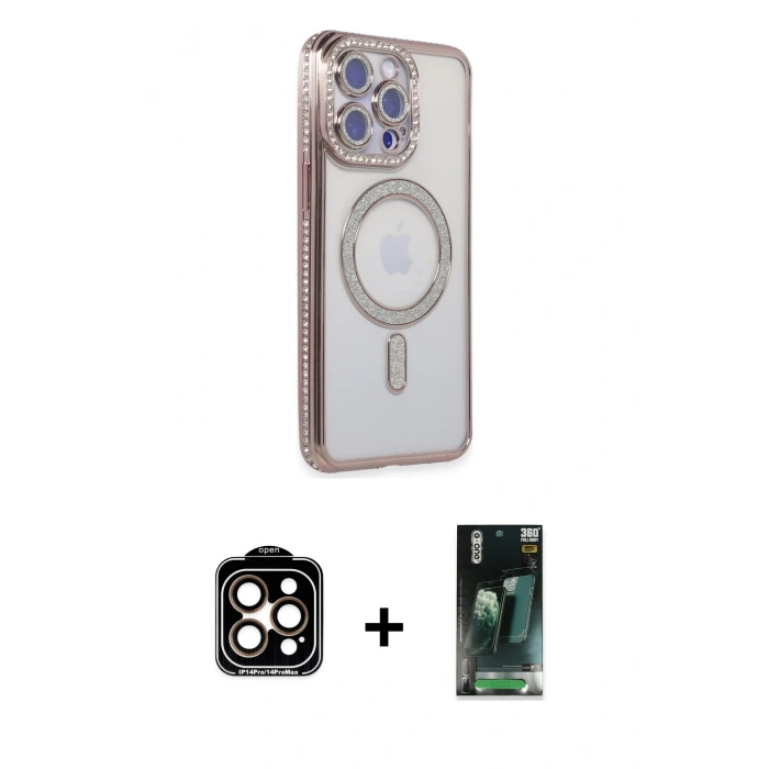 MARSİLYAN™- iPhone 15 Pro Max Kılıf Zirve Doku Prime - Şeffaf 360 Full Body Arka Koruyucu + PVD Metal Kamera Lens - TU