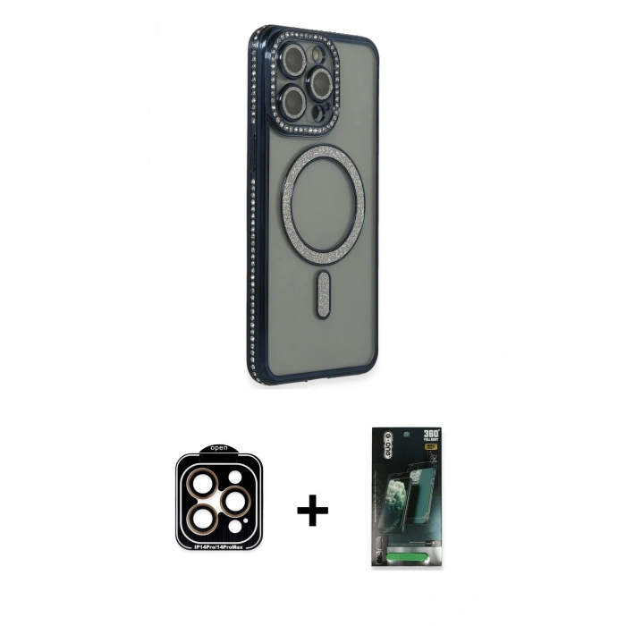 MARSİLYAN™- iPhone 15 Pro Max Kılıf Zirve Doku Prime - Şeffaf 360 Full Body Arka Koruyucu + PVD Metal Kamera Lens - TU