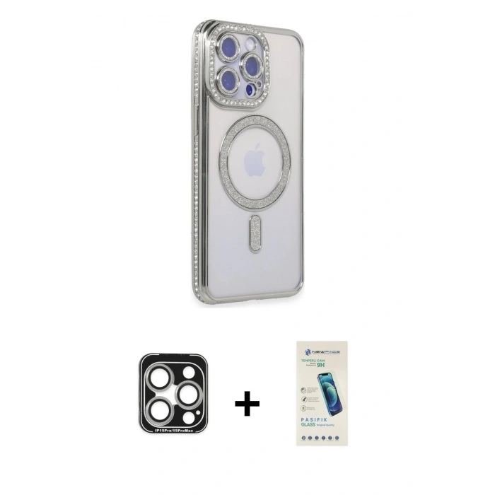 MARSİLYAN™- iPhone 15 Pro Max Kılıf Zirve Doku Prime - Şeffaf Pasifik Cam Ekran Koruyucu + PVD Metal Kamera Lens - GS