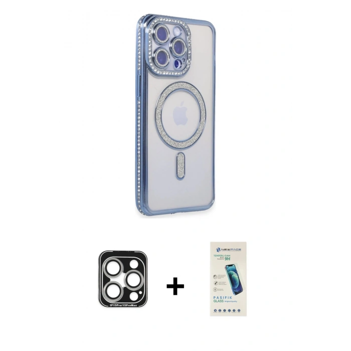 MARSİLYAN™- iPhone 15 Pro Max Kılıf Zirve Doku Prime - Şeffaf Pasifik Cam Ekran Koruyucu + PVD Metal Kamera Lens - GS