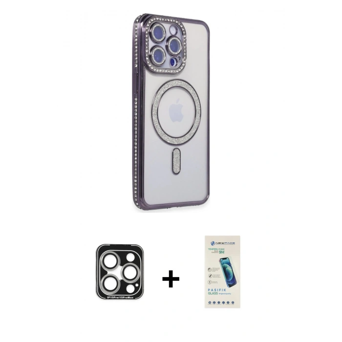 MARSİLYAN™- iPhone 15 Pro Max Kılıf Zirve Doku Prime - Şeffaf Pasifik Cam Ekran Koruyucu + PVD Metal Kamera Lens - GS