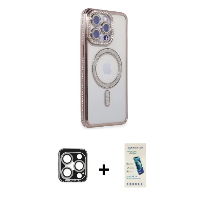 MARSİLYAN™- iPhone 15 Pro Max Kılıf Zirve Doku Prime - Şeffaf Pasifik Cam Ekran Koruyucu + PVD Metal Kamera Lens - GS
