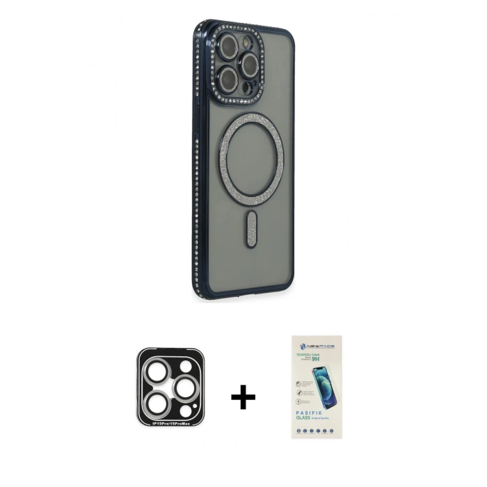 MARSİLYAN™- iPhone 15 Pro Max Kılıf Zirve Doku Prime - Şeffaf Pasifik Cam Ekran Koruyucu + PVD Metal Kamera Lens - GS