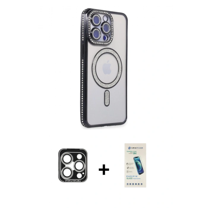 MARSİLYAN™- iPhone 15 Pro Max Kılıf Zirve Doku Prime - Şeffaf Pasifik Cam Ekran Koruyucu + PVD Metal Kamera Lens - GS