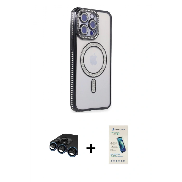 MARSİLYAN™- iPhone 15 Pro Max Kılıf Zirve Doku Prime - Şeffaf Pasifik Cam Ekran Koruyucu + Raze Metal Kamera Lens - LT