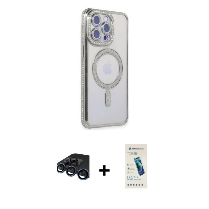 MARSİLYAN™- iPhone 15 Pro Max Kılıf Zirve Doku Prime - Şeffaf Pasifik Cam Ekran Koruyucu + Raze Metal Kamera Lens - LT
