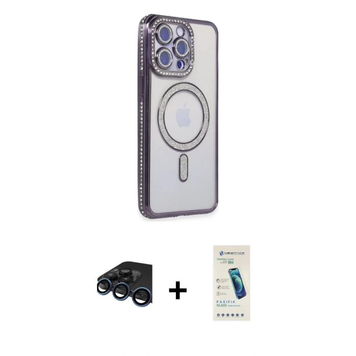 MARSİLYAN™- iPhone 15 Pro Max Kılıf Zirve Doku Prime - Şeffaf Pasifik Cam Ekran Koruyucu + Raze Metal Kamera Lens - LT