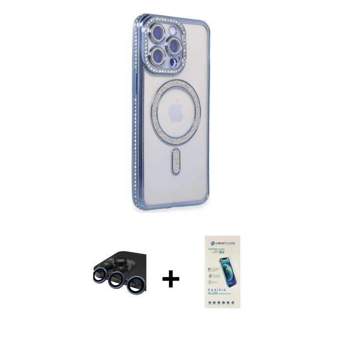 MARSİLYAN™- iPhone 15 Pro Max Kılıf Zirve Doku Prime - Şeffaf Pasifik Cam Ekran Koruyucu + Raze Metal Kamera Lens - LT