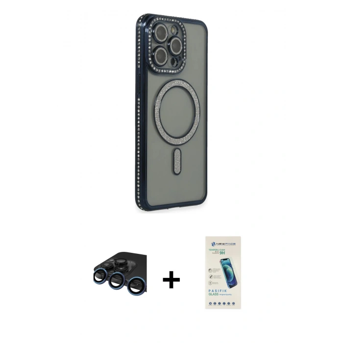 MARSİLYAN™- iPhone 15 Pro Max Kılıf Zirve Doku Prime - Şeffaf Pasifik Cam Ekran Koruyucu + Raze Metal Kamera Lens - LT