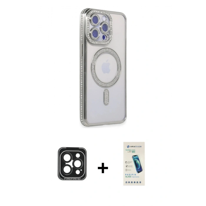 MARSİLYAN™- iPhone 15 Pro Max Kılıf Zirve Doku Prime - Şeffaf Pasifik Cam Ekran Koruyucu + PVD Metal Kamera Lens - SH