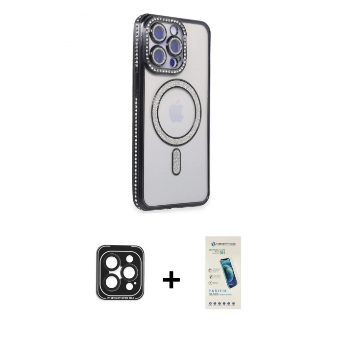 MARSİLYAN™- iPhone 15 Pro Max Kılıf Zirve Doku Prime - Şeffaf Pasifik Cam Ekran Koruyucu + PVD Metal Kamera Lens - SH