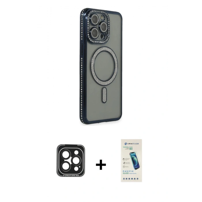 MARSİLYAN™- iPhone 15 Pro Max Kılıf Zirve Doku Prime - Şeffaf Pasifik Cam Ekran Koruyucu + PVD Metal Kamera Lens - SH