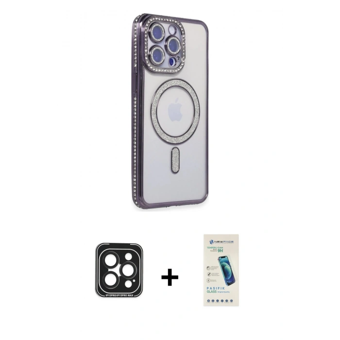 MARSİLYAN™- iPhone 15 Pro Max Kılıf Zirve Doku Prime - Şeffaf Pasifik Cam Ekran Koruyucu + PVD Metal Kamera Lens - SH