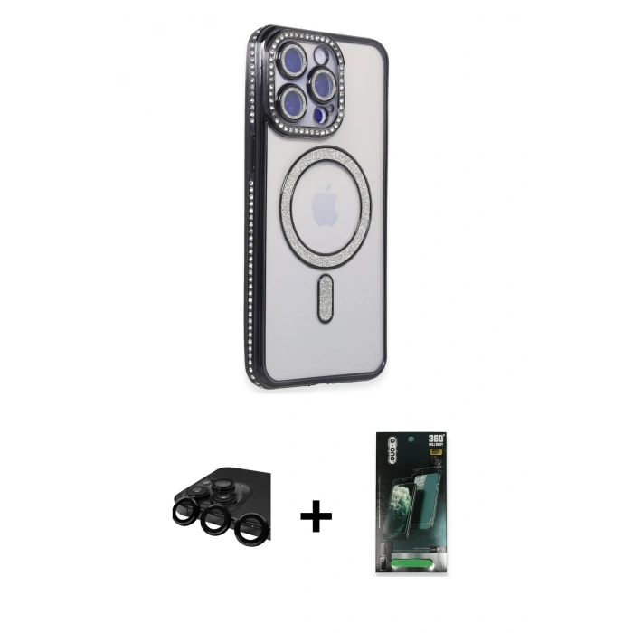 MARSİLYAN™- iPhone 15 Pro Max Kılıf Zirve Doku Prime - Siyah 360 Mat Full Body Arka Koruyucu + Raze Metal Kamera Lens - SH
