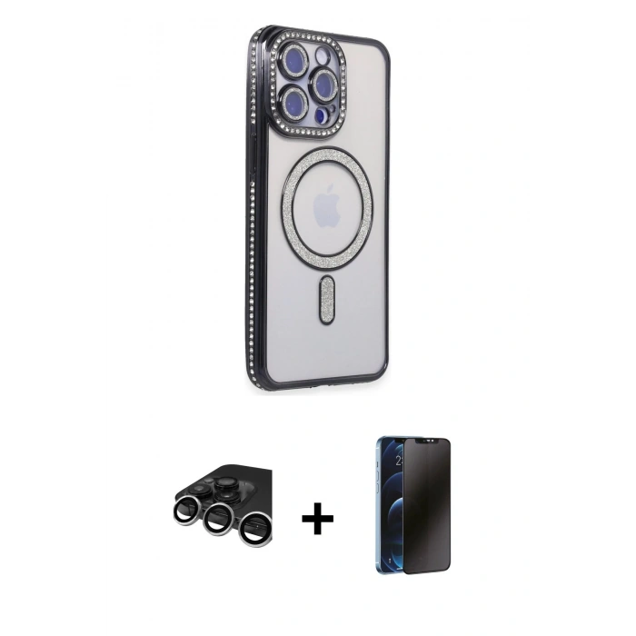 MARSİLYAN™- iPhone 15 Pro Max Kılıf Zirve Doku Prime - Siyah 3D Antistatik Hayalet Cam Ekran Koruyucu + Raze Metal Kamera Lens - GS