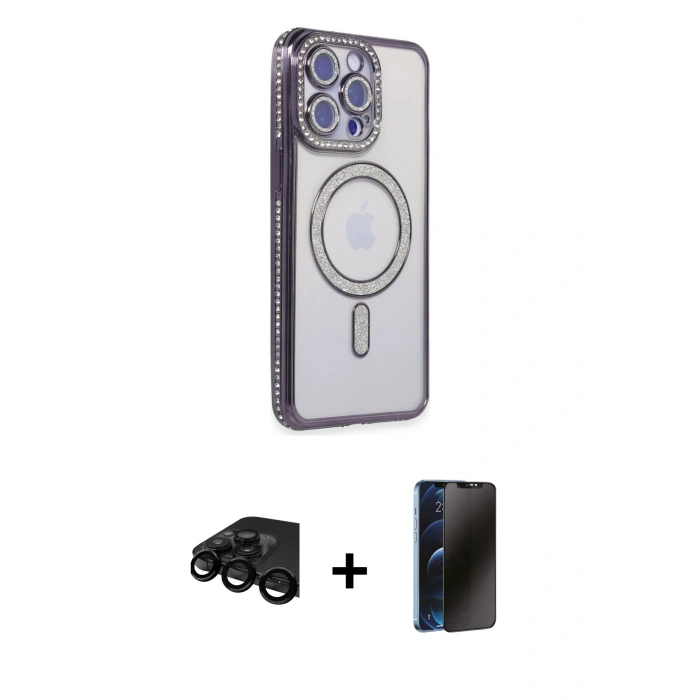 MARSİLYAN™- iPhone 15 Pro Max Kılıf Zirve Doku Prime - Siyah 3D Antistatik Hayalet Cam Ekran Koruyucu + Raze Metal Kamera Lens - SH