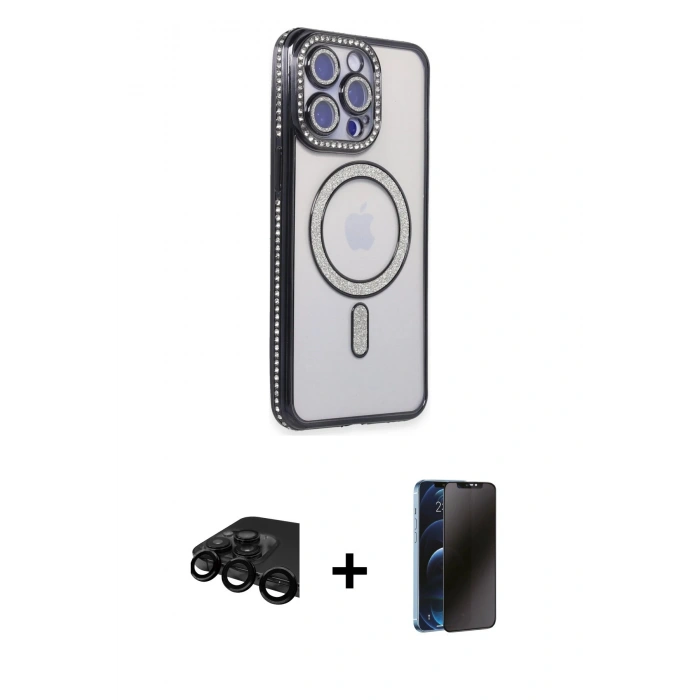 MARSİLYAN™- iPhone 15 Pro Max Kılıf Zirve Doku Prime - Siyah 3D Antistatik Hayalet Cam Ekran Koruyucu + Raze Metal Kamera Lens - SH