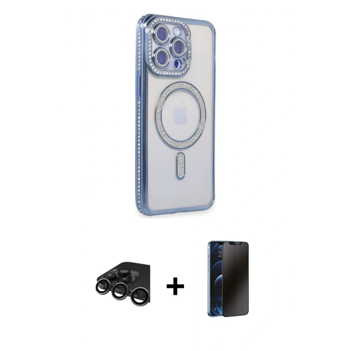 MARSİLYAN™- iPhone 15 Pro Max Kılıf Zirve Doku Prime - Siyah 3D Antistatik Hayalet Cam Ekran Koruyucu + Raze Metal Kamera Lens - TMGI