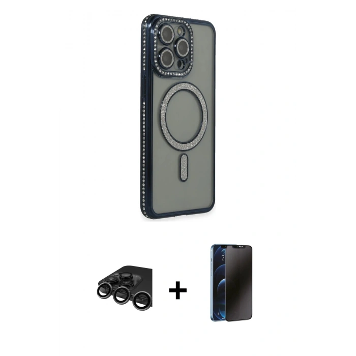 MARSİLYAN™- iPhone 15 Pro Max Kılıf Zirve Doku Prime - Siyah 3D Antistatik Hayalet Cam Ekran Koruyucu + Raze Metal Kamera Lens - TMGI