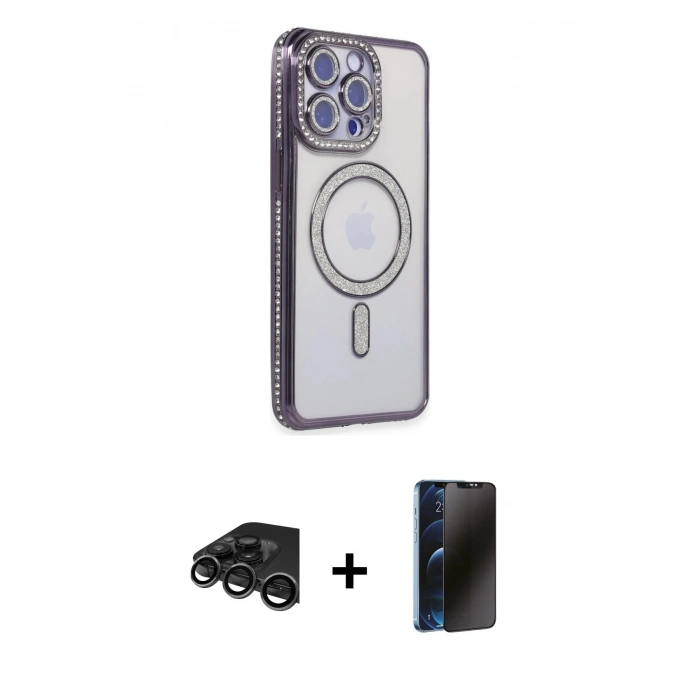 MARSİLYAN™- iPhone 15 Pro Max Kılıf Zirve Doku Prime - Siyah 3D Antistatik Hayalet Cam Ekran Koruyucu + Raze Metal Kamera Lens - TMGI