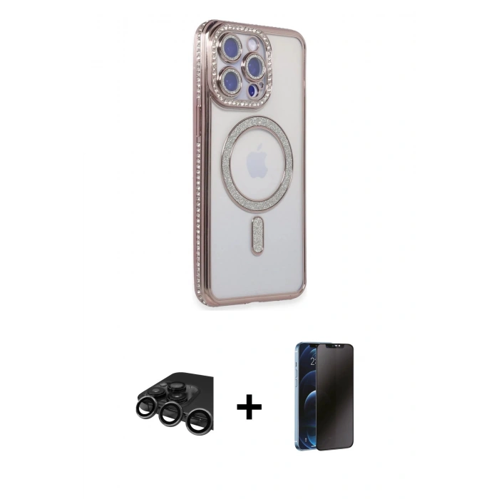 MARSİLYAN™- iPhone 15 Pro Max Kılıf Zirve Doku Prime - Siyah 3D Antistatik Hayalet Cam Ekran Koruyucu + Raze Metal Kamera Lens - TMGI