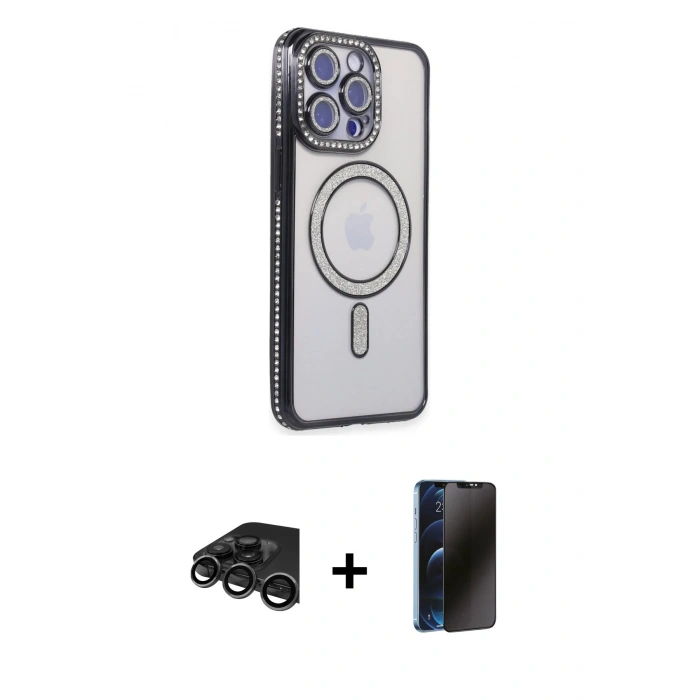 MARSİLYAN™- iPhone 15 Pro Max Kılıf Zirve Doku Prime - Siyah 3D Antistatik Hayalet Cam Ekran Koruyucu + Raze Metal Kamera Lens - TMGI