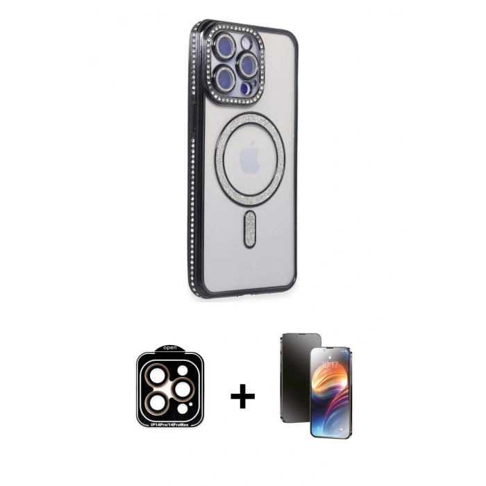 MARSİLYAN™- iPhone 15 Pro Max Kılıf Zirve Doku Prime - Siyah 3D Antistatik Mat Seramik Nano Ekran Koruyucu + PVD Metal Kamera Lens - TU