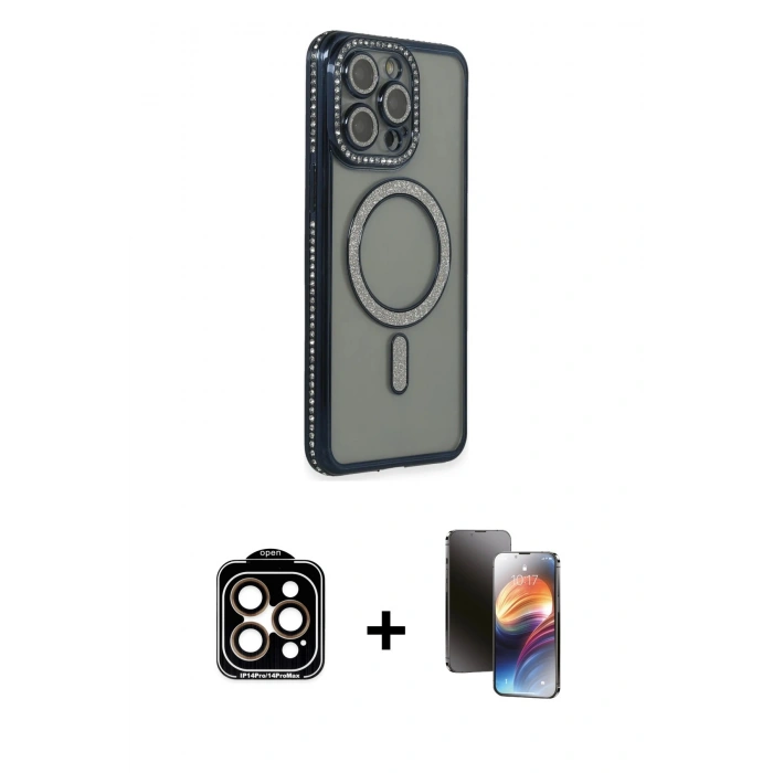 MARSİLYAN™- iPhone 15 Pro Max Kılıf Zirve Doku Prime - Siyah 3D Antistatik Mat Seramik Nano Ekran Koruyucu + PVD Metal Kamera Lens - TU