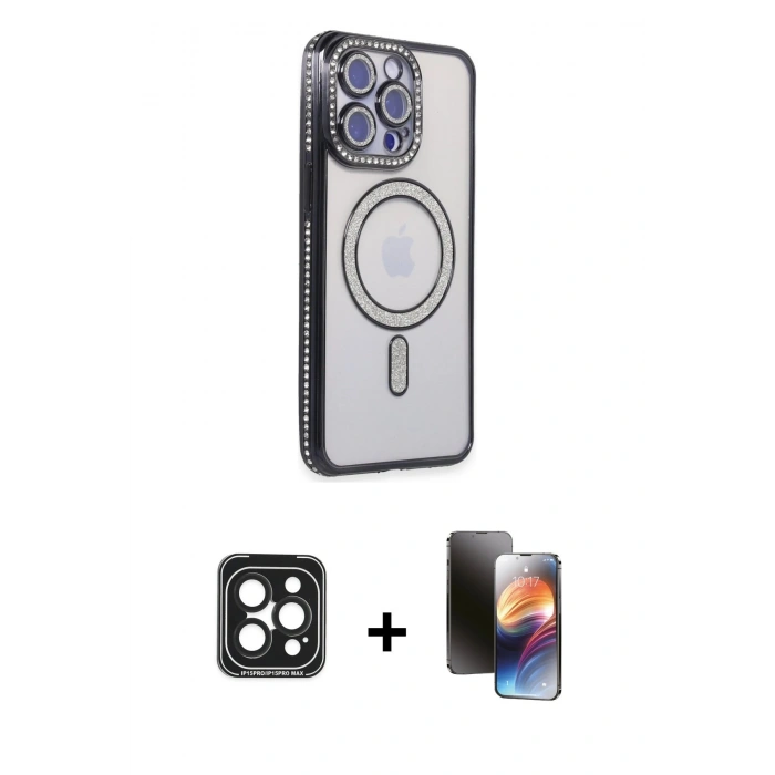 MARSİLYAN™- iPhone 15 Pro Max Kılıf Zirve Doku Prime - Siyah 3D Antistatik Mat Seramik Nano Ekran Koruyucu + PVD Metal Kamera Lens - SH